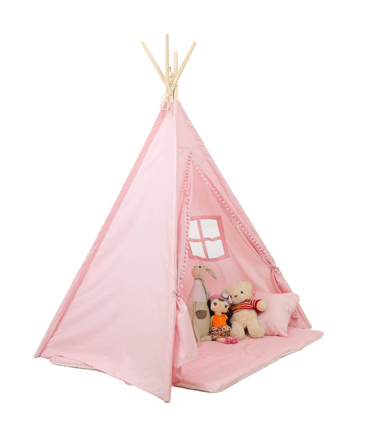 Tipi tent - katoen 175g/m2 met vloermat en kussens - roze 120x120x160 cm