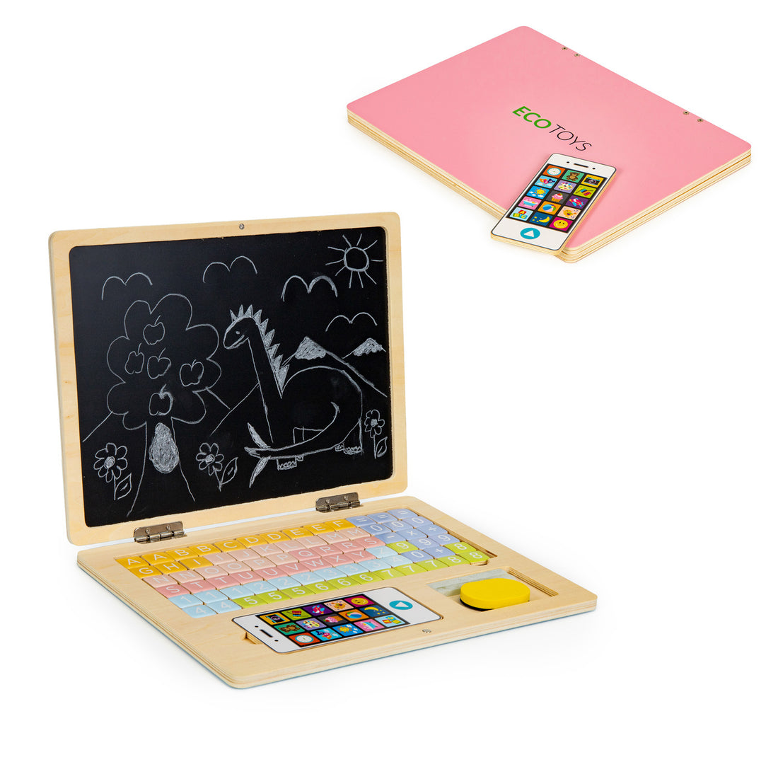 Houten speelgoed laptop - 2-in-1 krijtbord en magneetbord - 30x22 cm