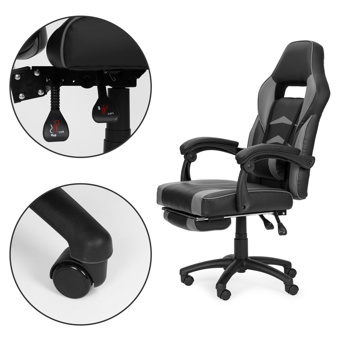 GAMINGSTOEL - Ergonomisch met intrekbare voetsteun en lendenkussen - zwart/grijs