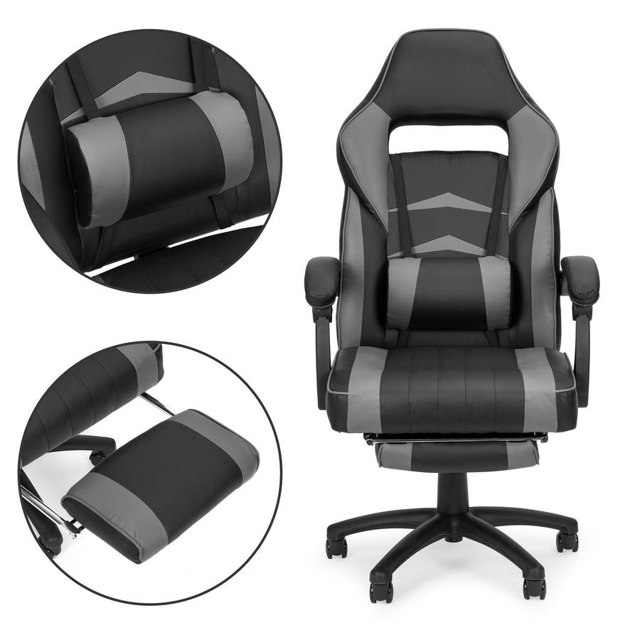 GAMINGSTOEL - Ergonomisch met intrekbare voetsteun en lendenkussen - zwart/grijs