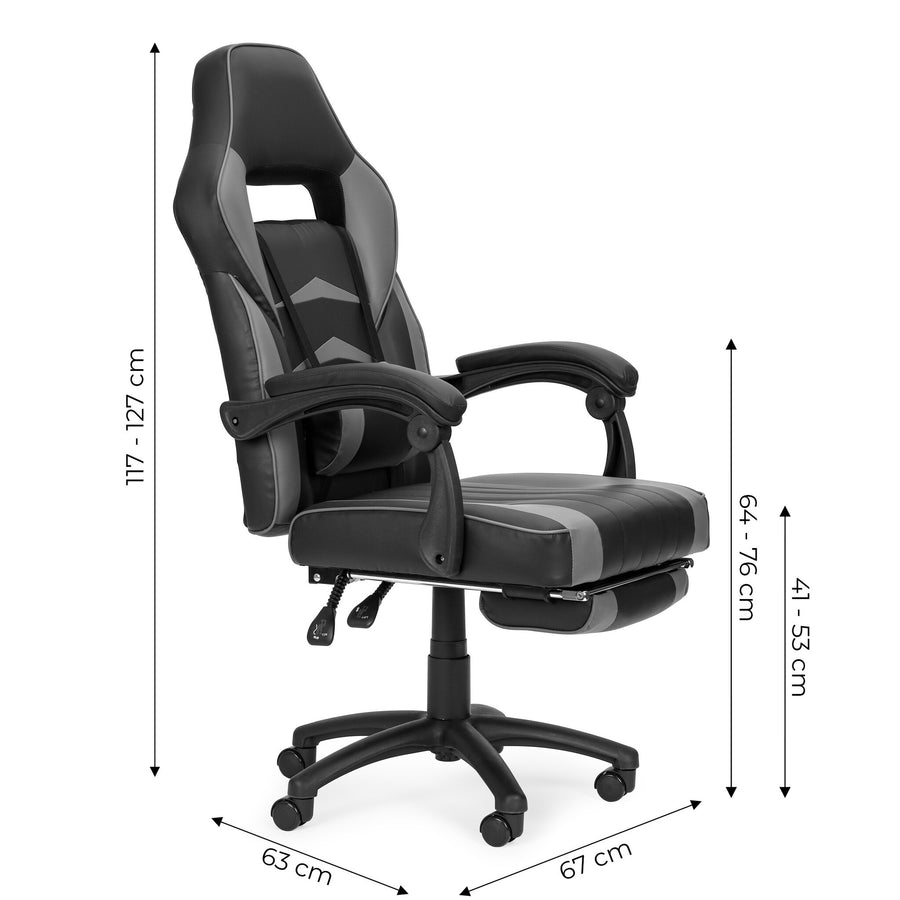 GAMINGSTOEL - Ergonomisch met intrekbare voetsteun en lendenkussen - zwart/grijs
