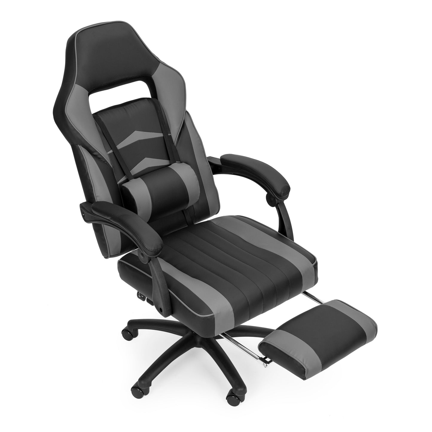 GAMINGSTOEL - Ergonomisch met intrekbare voetsteun en lendenkussen - zwart/grijs