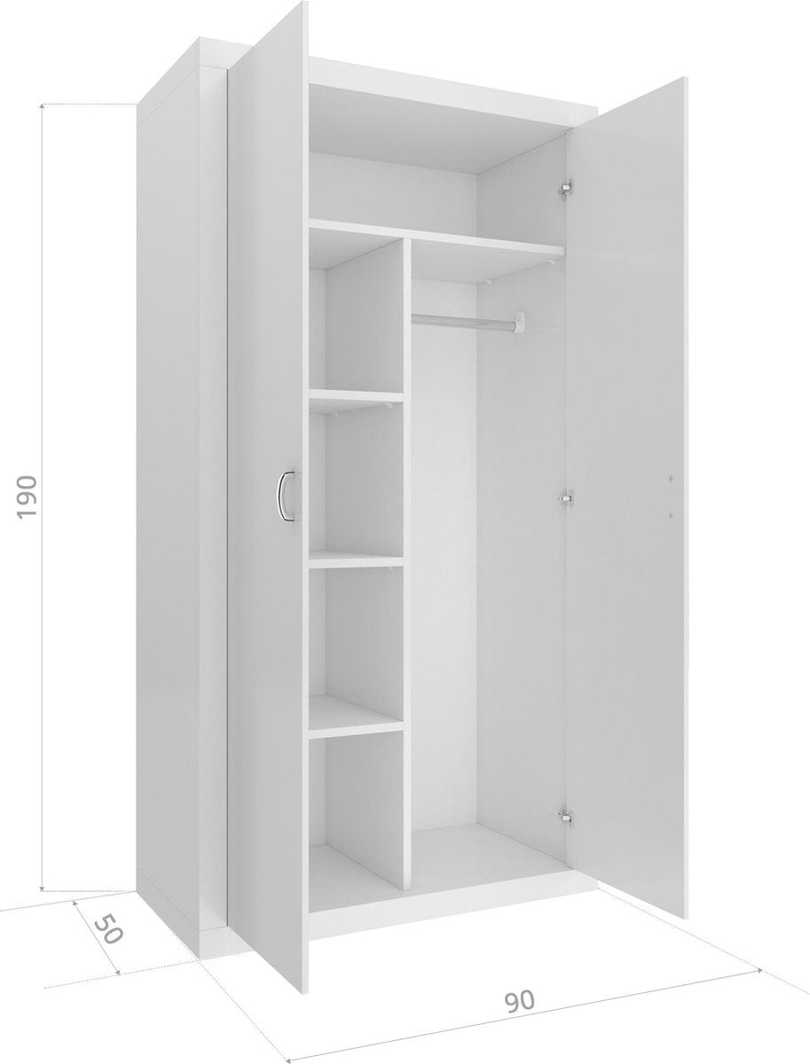 KINDER-KLEDINGKAST - 5 schappen, 2 deuren, RVS-roede - Wit - 90x50x190 cm