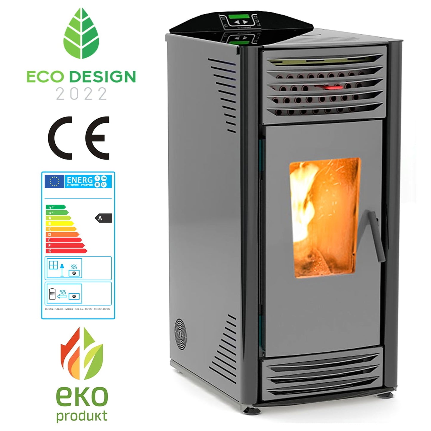 Pelletkachel - 8kW Automatisch Luchtcirculatie - Zwart