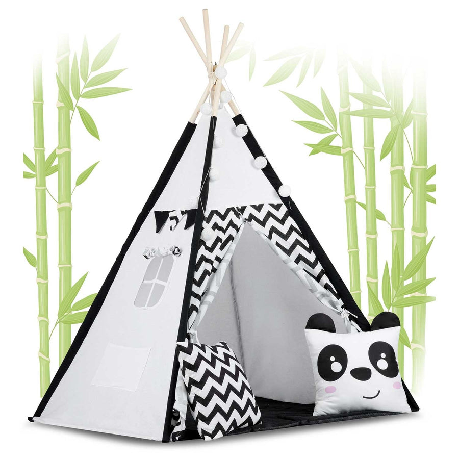 TIPI TENT - Natuurlijk Katoen met Kussens en Lampen - Wit/Zwart