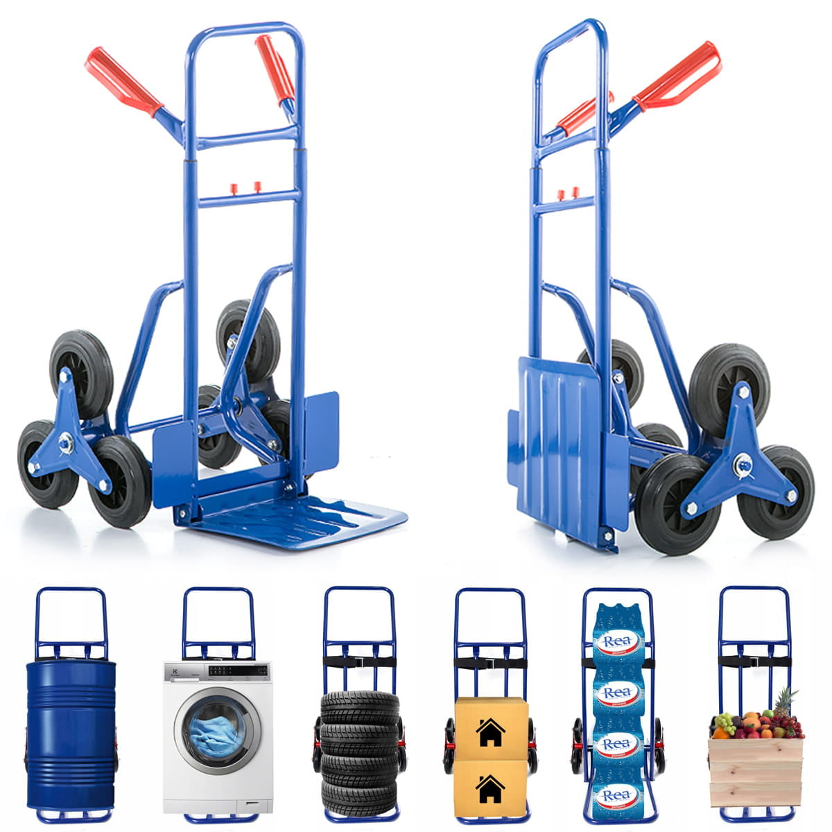 Steekwagen - opvouwbaar met handbescherming en rubberen wielen - blauw/rood