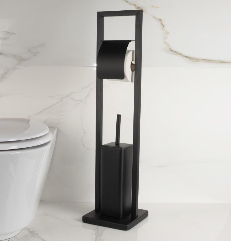 TOILETSTANDAARD - 2-in-1 met wc borstel en rolhouder - Zwart