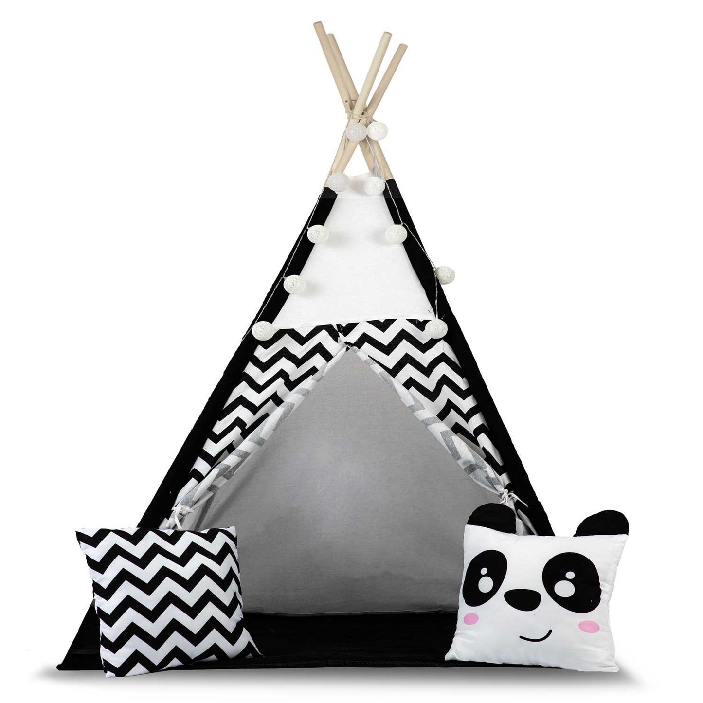 TIPI TENT - Natuurlijk Katoen met Kussens en Lampen - Wit/Zwart