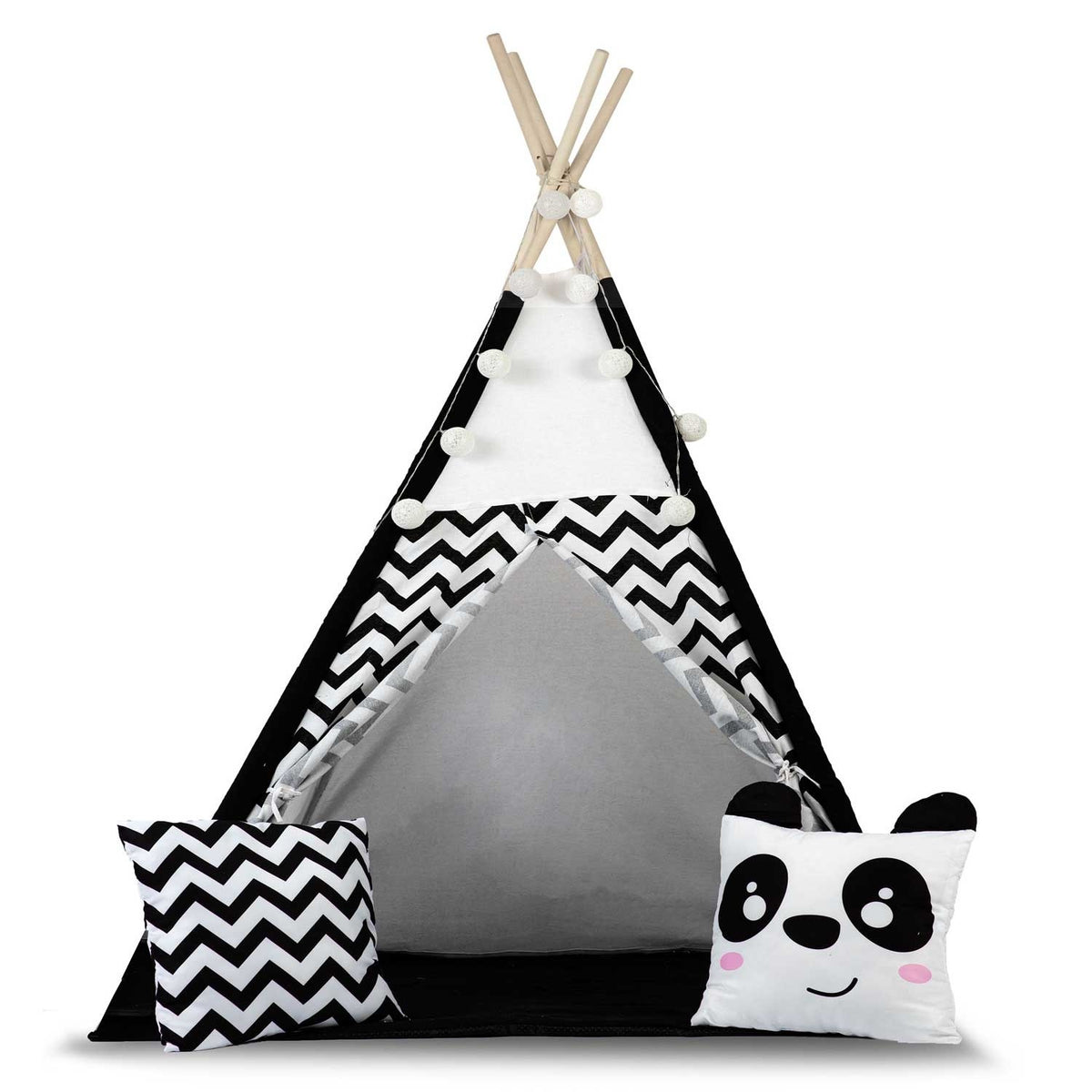 TIPI TENT - Natuurlijk Katoen met Kussens en Lampen - Wit/Zwart