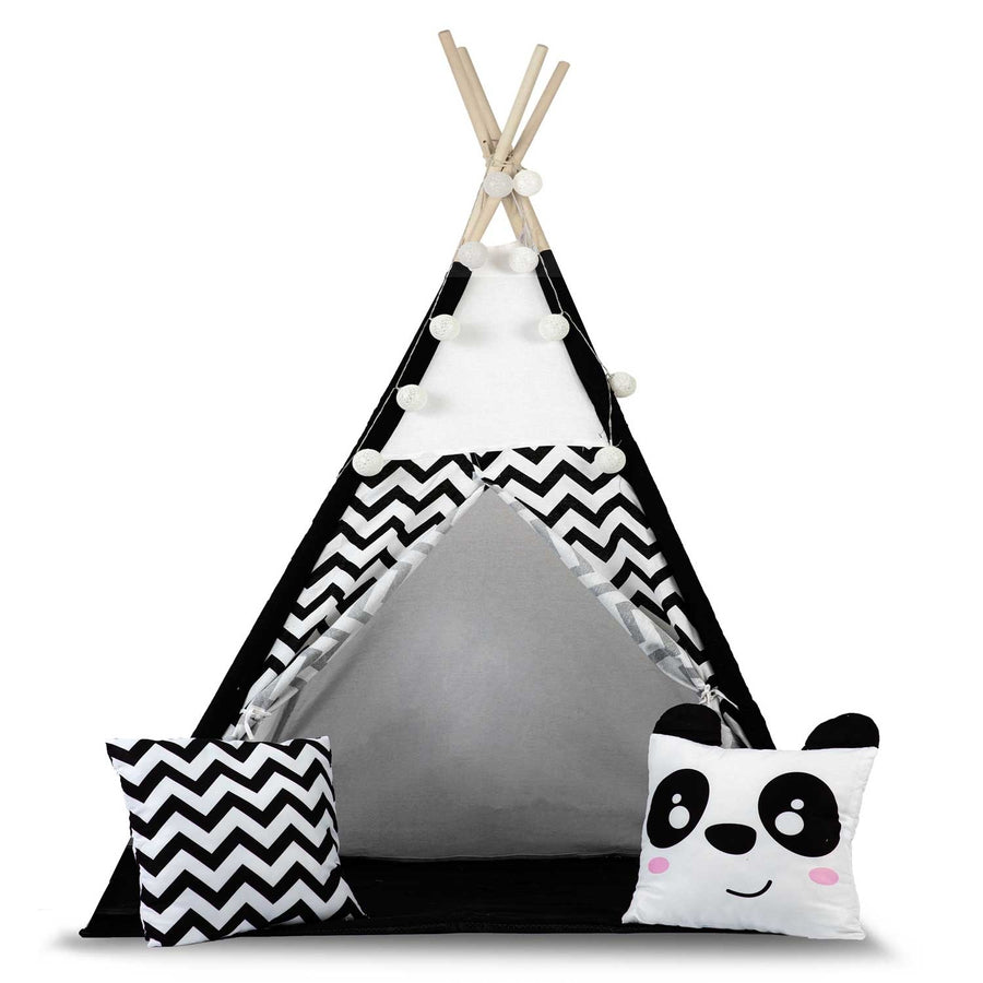 TIPI TENT - Natuurlijk Katoen met Kussens en Lampen - Wit/Zwart
