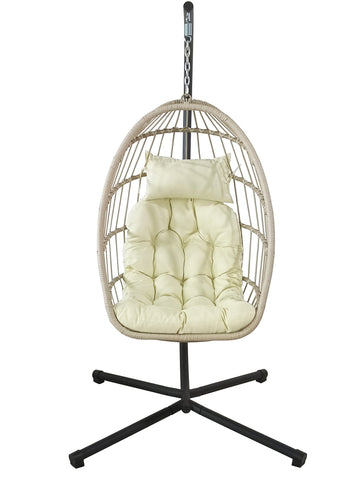 Hangstoel - Inklapbaar, PE Rattan, 160kg - Crème/Zwart/Beige