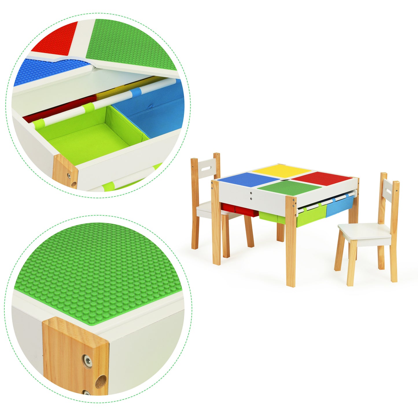 KINDERTAFEL EN STOELTJES - afneembaar tafelblad met bouwplaten - hout/wit/rood/geel/groen/blauw