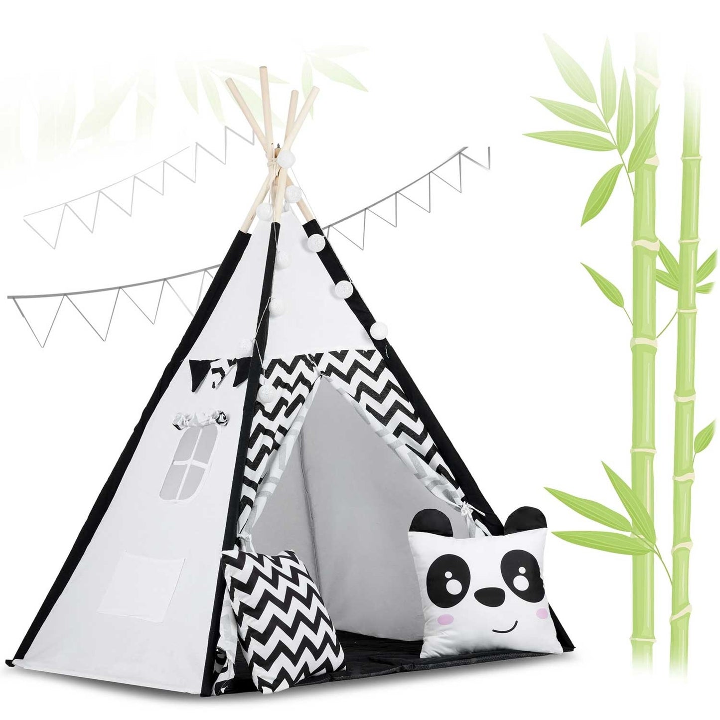 TIPI TENT - Natuurlijk Katoen met Kussens en Lampen - Wit/Zwart
