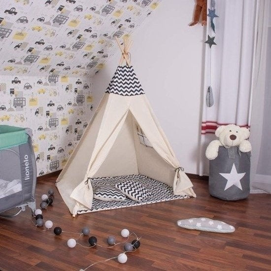TIPI TENT - 100% katoen - grenenhout - beige/zwart - H160xB120xD100 cm