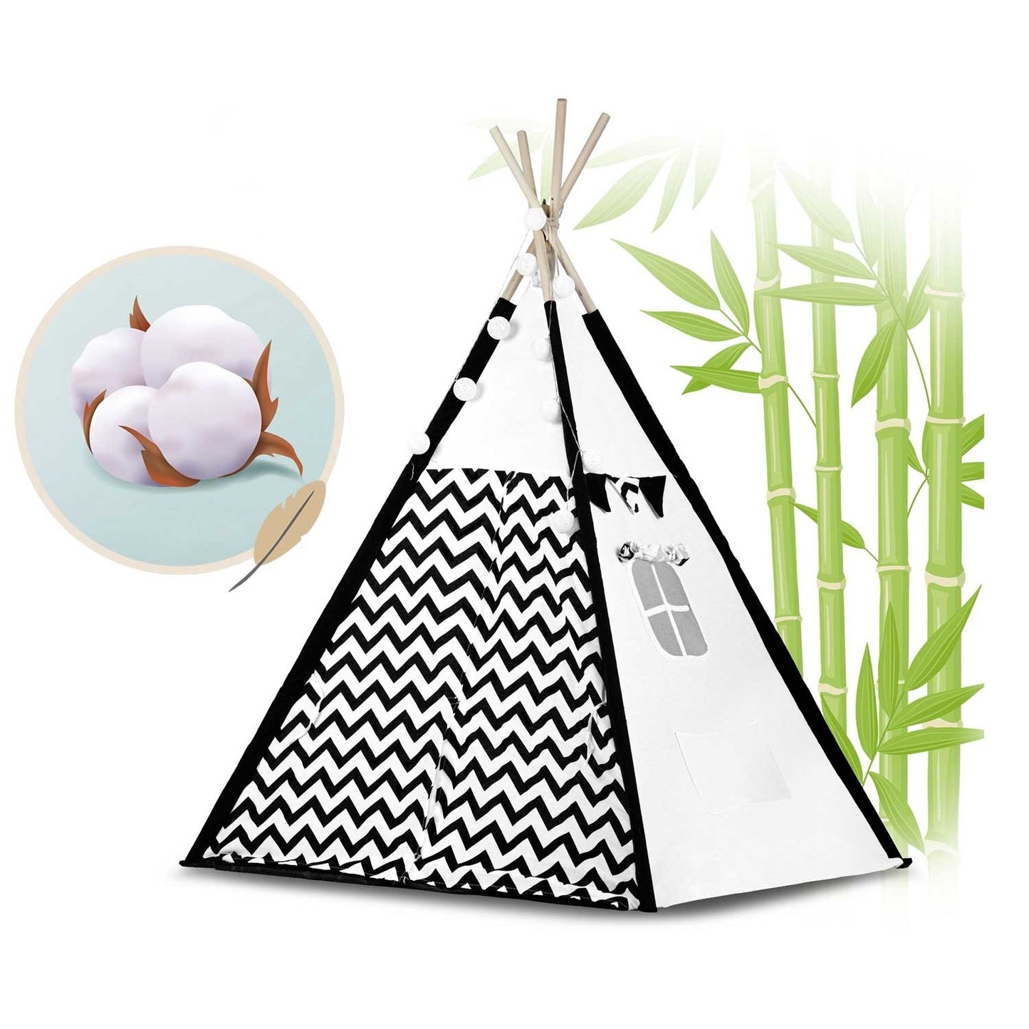 TIPI TENT - Natuurlijk Katoen met Kussens en Lampen - Wit/Zwart