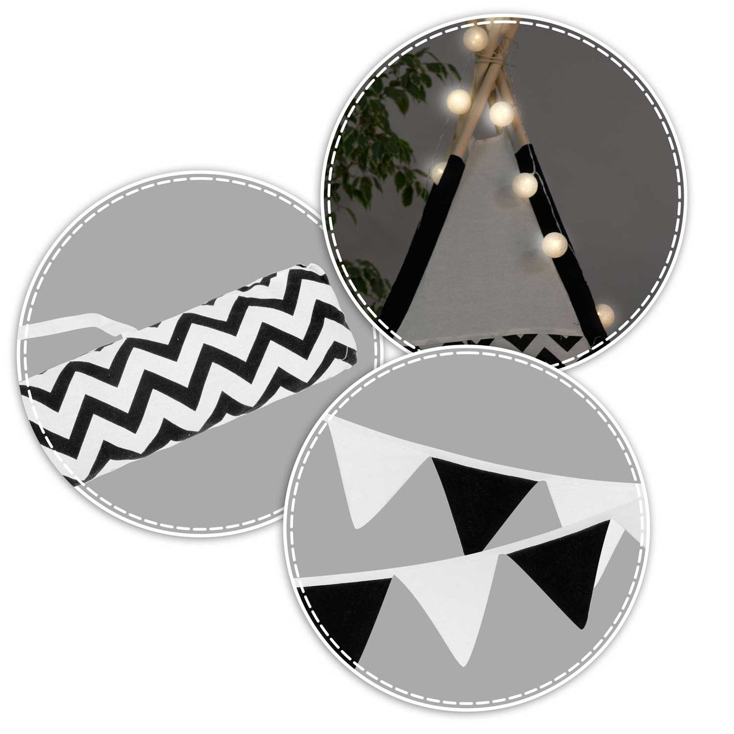 TIPI TENT - Natuurlijk Katoen met Kussens en Lampen - Wit/Zwart