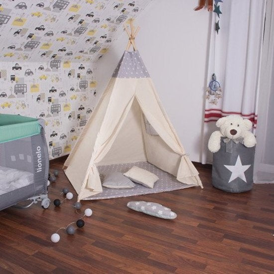 TIPI TENT - 100% Katoen - Inclusief Kussenhoezen - Beige/Grijs - H160xB120xD100 cm