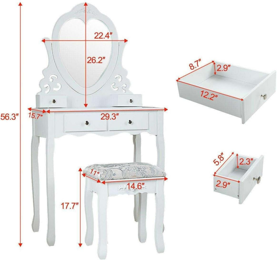 Kaptafel - Hartvormige Spiegel - 4 Lades - Wit