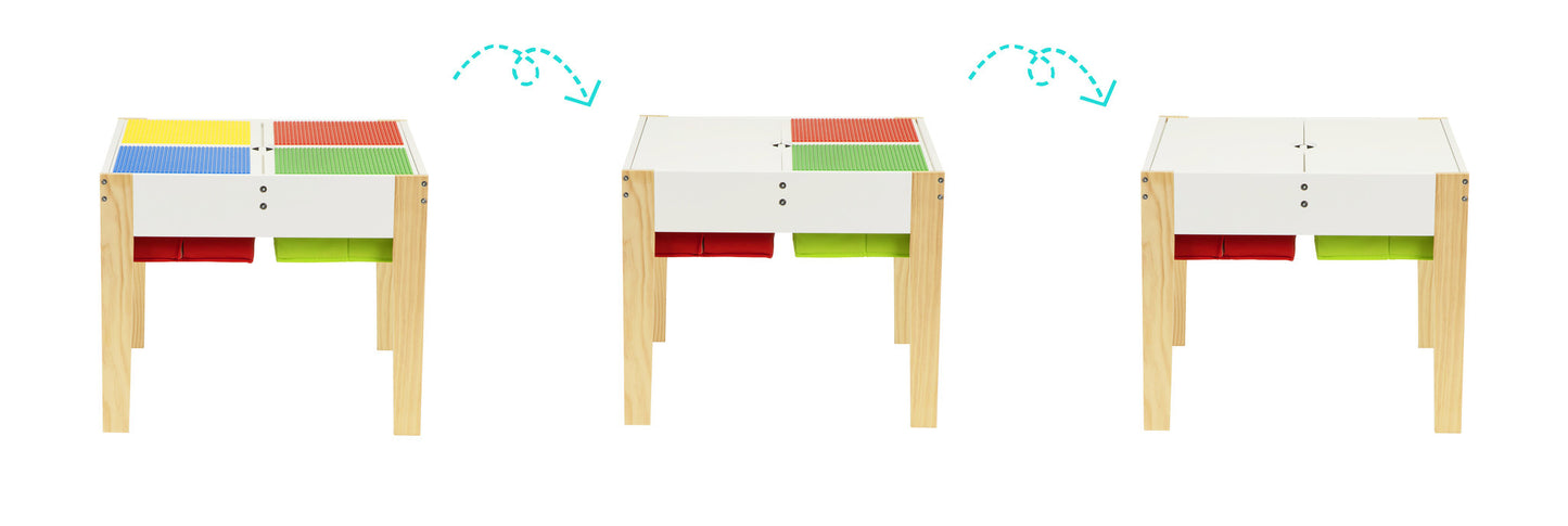 KINDERTAFEL EN STOELTJES - afneembaar tafelblad met bouwplaten - hout/wit/rood/geel/groen/blauw
