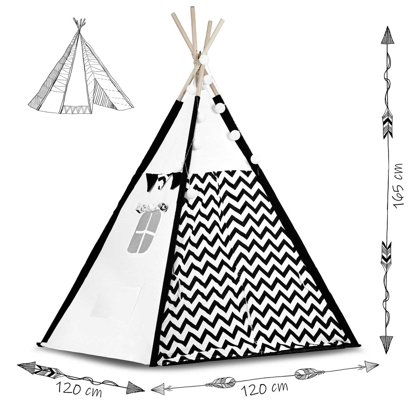 TIPI TENT - Natuurlijk Katoen met Kussens en Lampen - Wit/Zwart