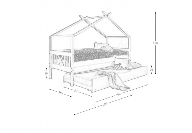 HUISBED - grenenhout met logeerbed lade - wit 90x200 cm