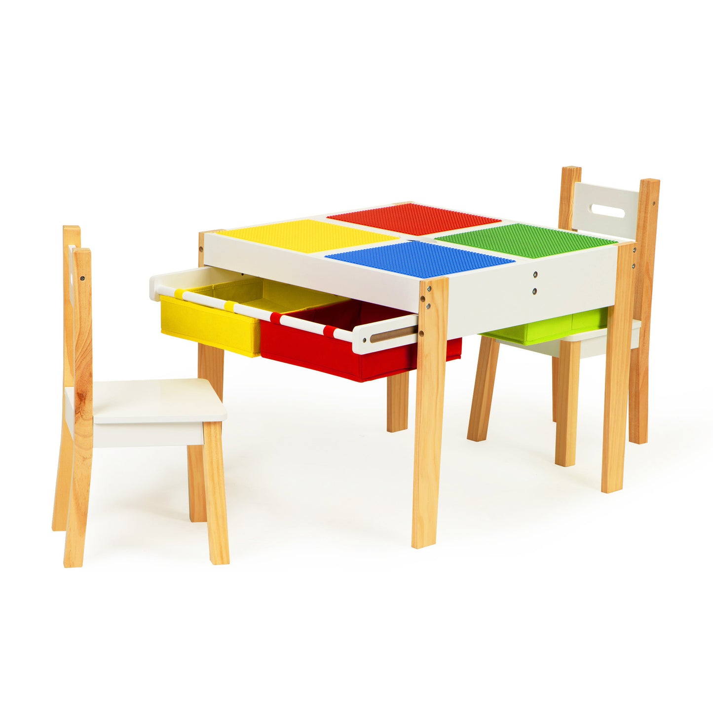 KINDERTAFEL EN STOELTJES - afneembaar tafelblad met bouwplaten - hout/wit/rood/geel/groen/blauw