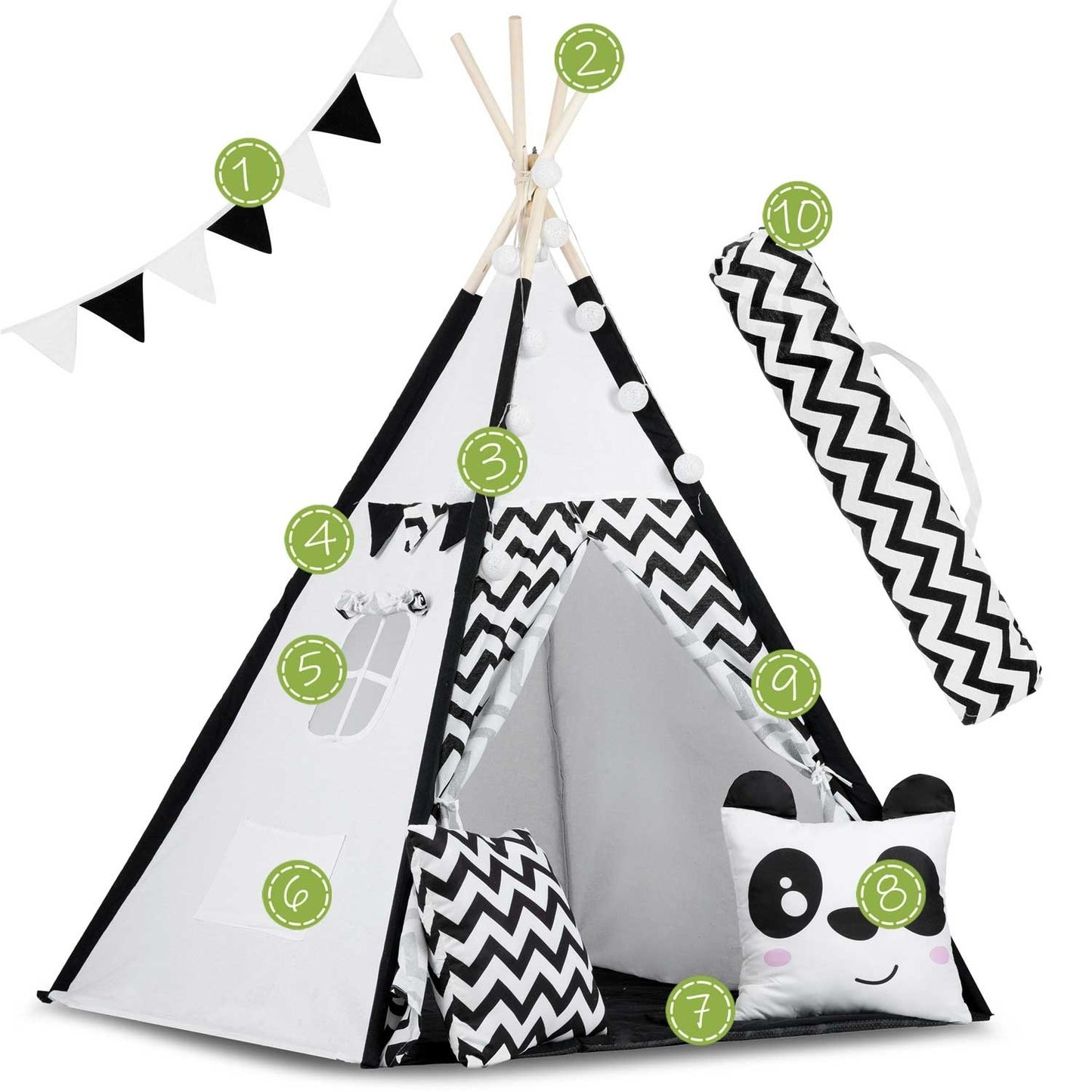 TIPI TENT - Natuurlijk Katoen met Kussens en Lampen - Wit/Zwart
