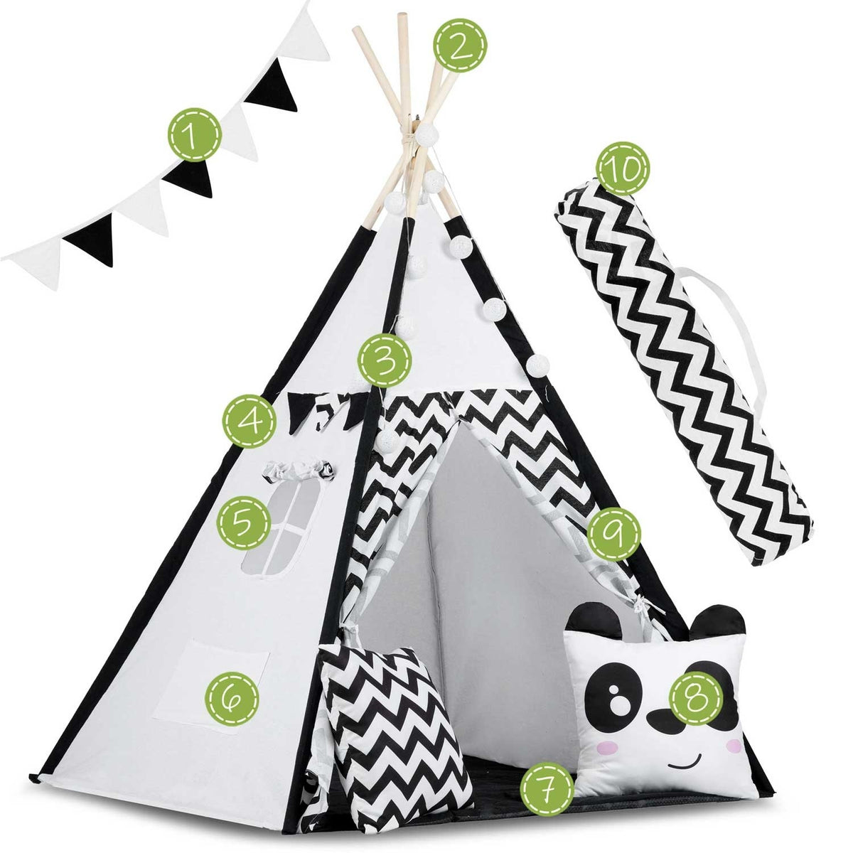 TIPI TENT - Natuurlijk Katoen met Kussens en Lampen - Wit/Zwart
