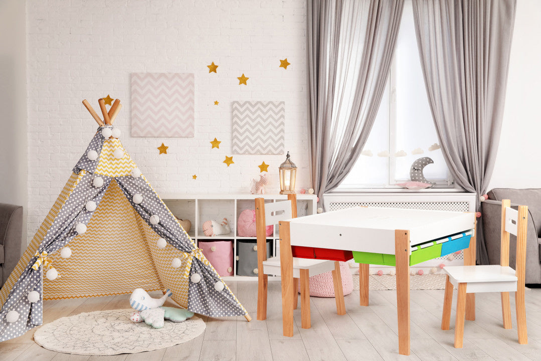 KINDERTAFEL EN STOELTJES - afneembaar tafelblad met bouwplaten - hout/wit/rood/geel/groen/blauw