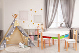 KINDERTAFEL EN STOELTJES - afneembaar tafelblad met bouwplaten - hout/wit/rood/geel/groen/blauw