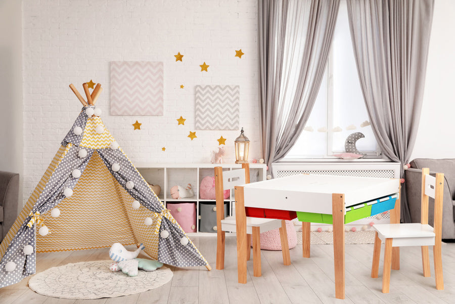KINDERTAFEL EN STOELTJES - afneembaar tafelblad met bouwplaten - hout/wit/rood/geel/groen/blauw