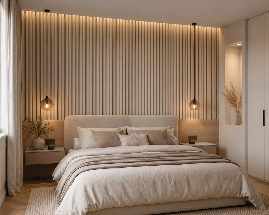 Suède Akoestisch Wandpaneel Japandi Beige – Textiel Wandbekleding 270×60 cm