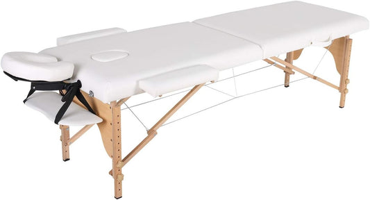 MASSAGETAFEL - Hout-PVC Leer-Opvouwbaar-Verstelbare Hoofdsteun - Wit
