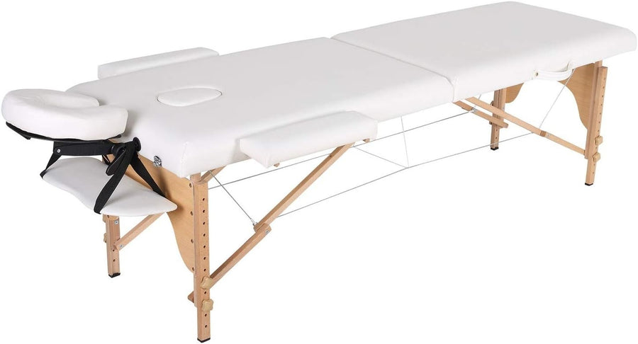 MASSAGETAFEL - Hout-PVC Leer-Opvouwbaar-Verstelbare Hoofdsteun - Wit