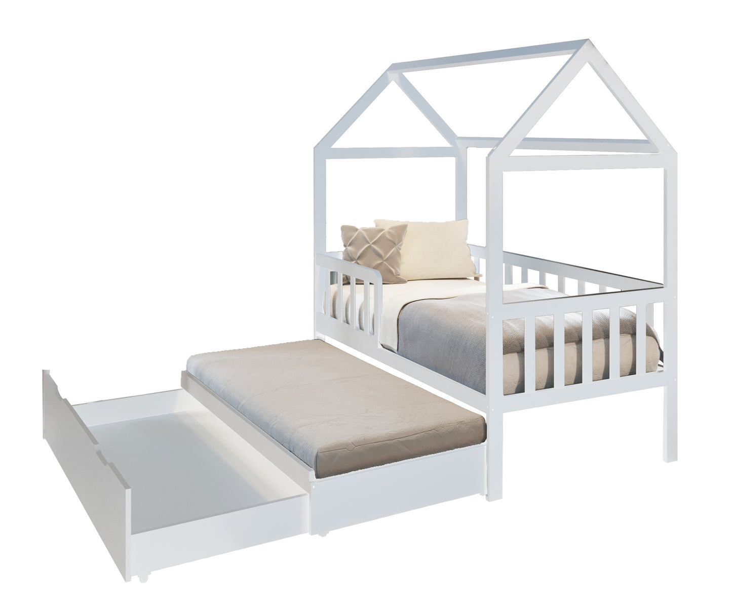 HUISBED - ecologisch vurenhout - met logeerbed en bedlade - wit - 160x80 cm