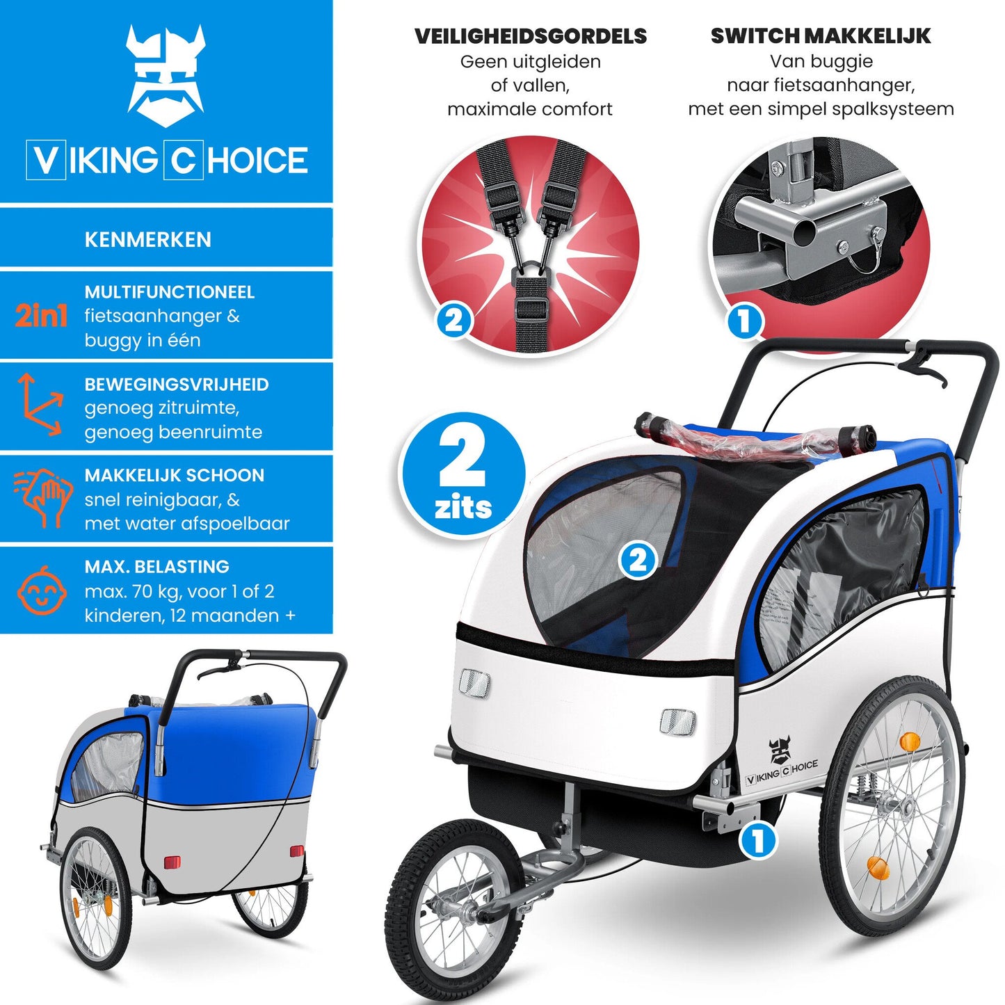 FIETSKAR - multifunctioneel, schokbreker, veiligheidsgordels - blauw