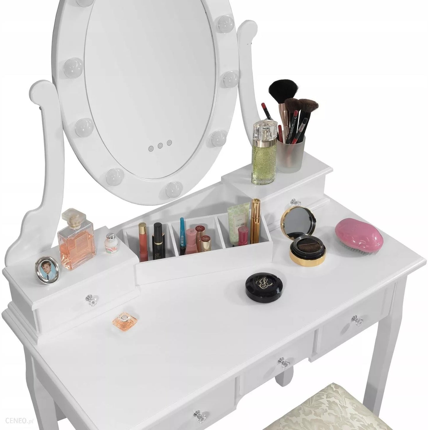 Kaptafel - LED-verlichte spiegel, 5 lades, inclusief kruk - Wit 80x40x137 cm