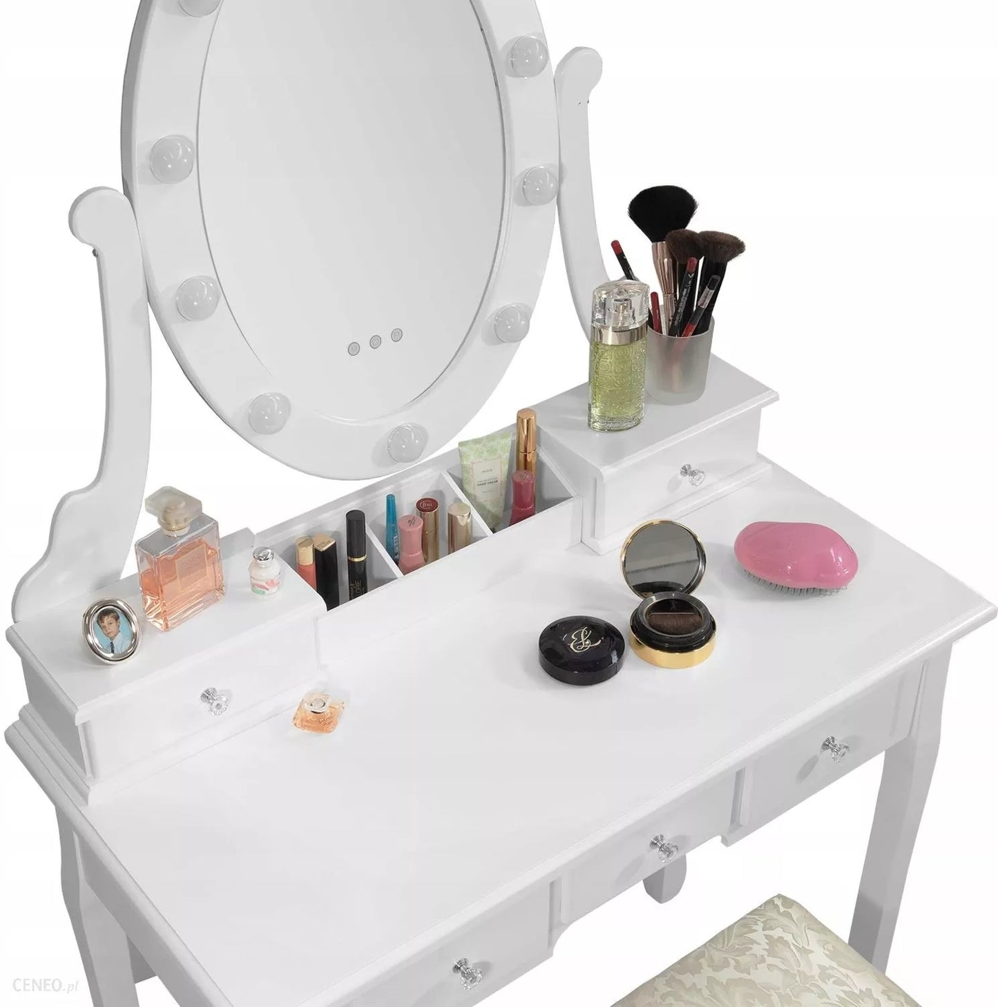 Kaptafel - LED-verlichte spiegel, 5 lades, inclusief kruk - Wit 80x40x137 cm