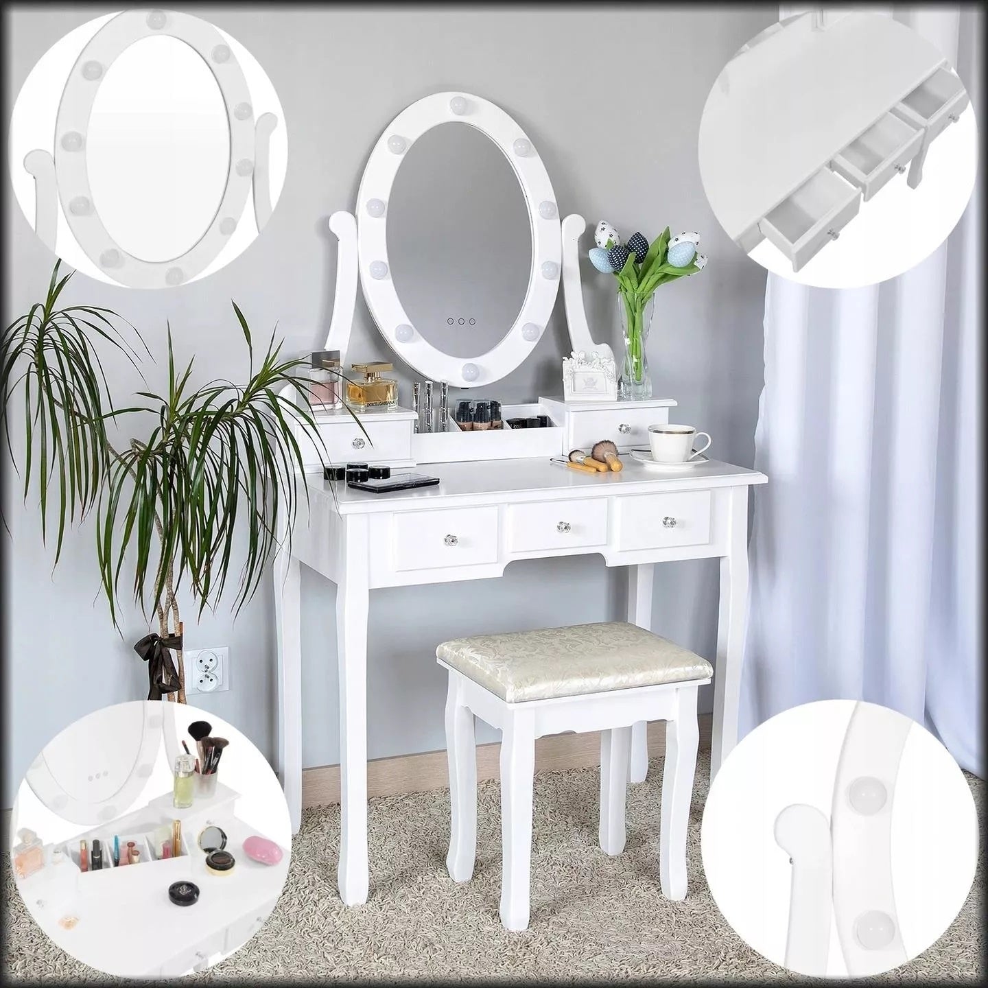 Kaptafel - LED-verlichte spiegel, 5 lades, inclusief kruk - Wit 80x40x137 cm
