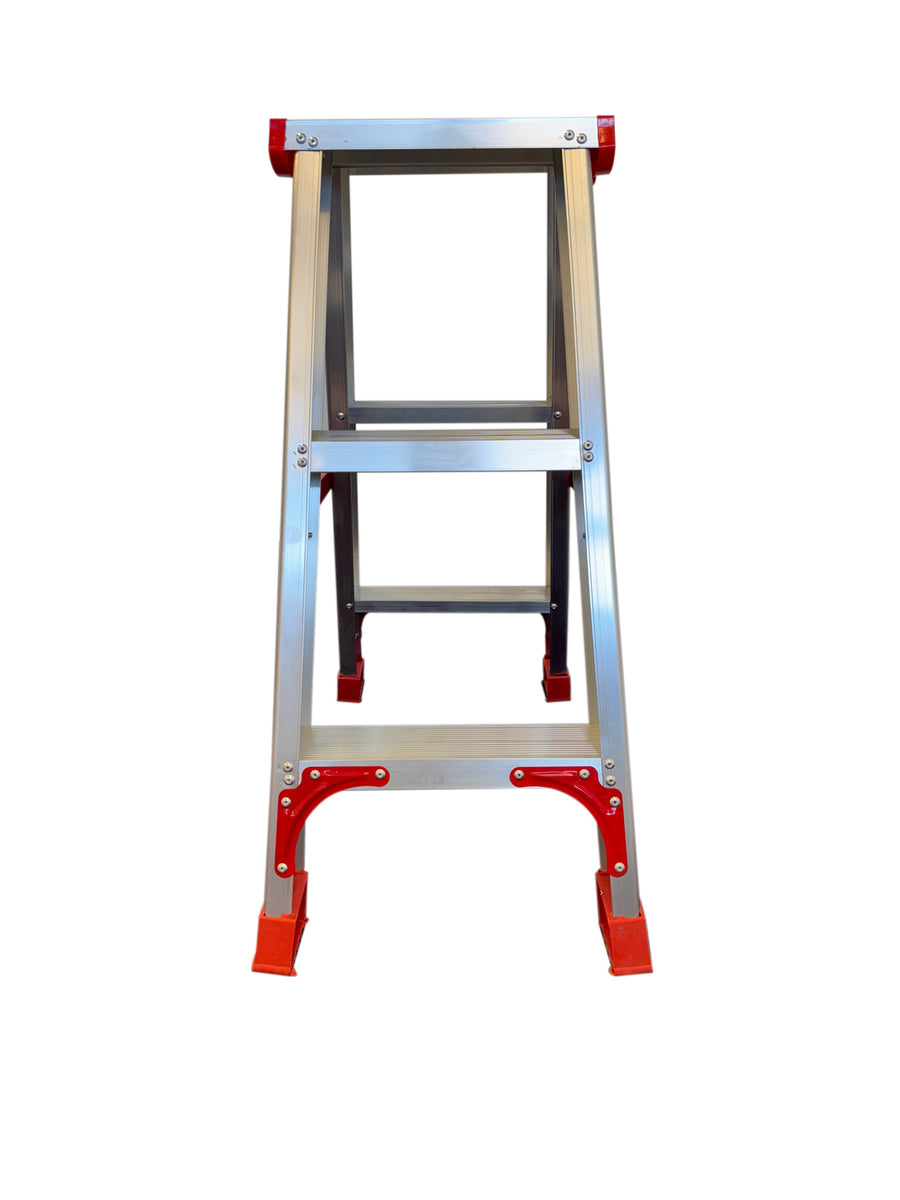 HUISHOUDTRAP - aluminium - 2x3 treden - zilver/rood