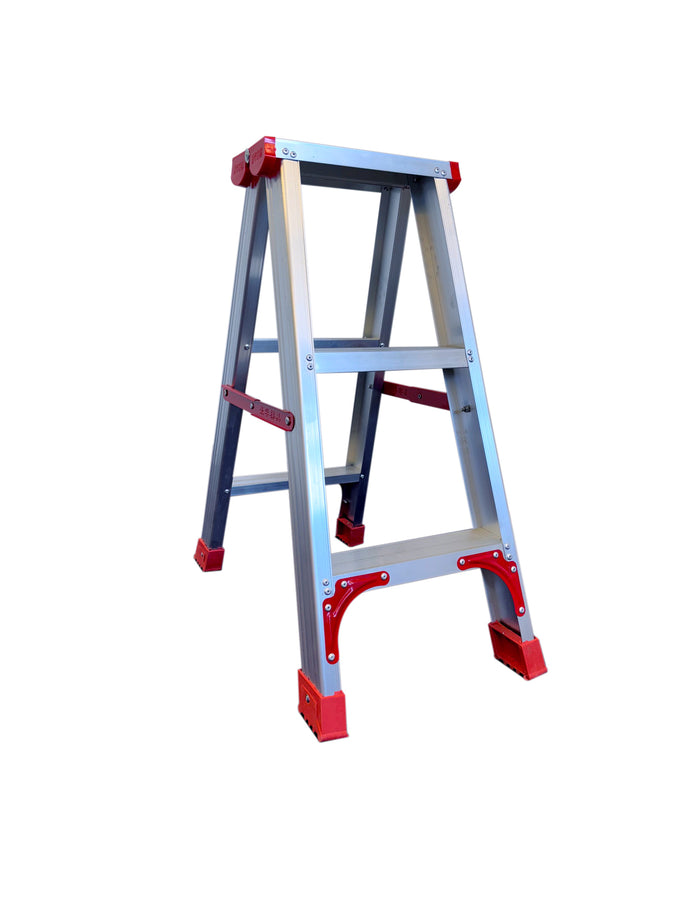HUISHOUDTRAP - aluminium - 2x3 treden - zilver/rood