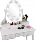 Kaptafel - LED-verlichte spiegel, 5 lades, inclusief kruk - Wit 80x40x137 cm