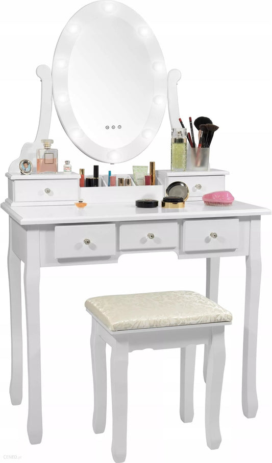 Kaptafel - LED-verlichte spiegel, 5 lades, inclusief kruk - Wit 80x40x137 cm
