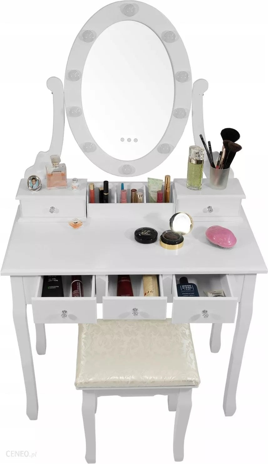 Kaptafel - LED-verlichte spiegel, 5 lades, inclusief kruk - Wit 80x40x137 cm