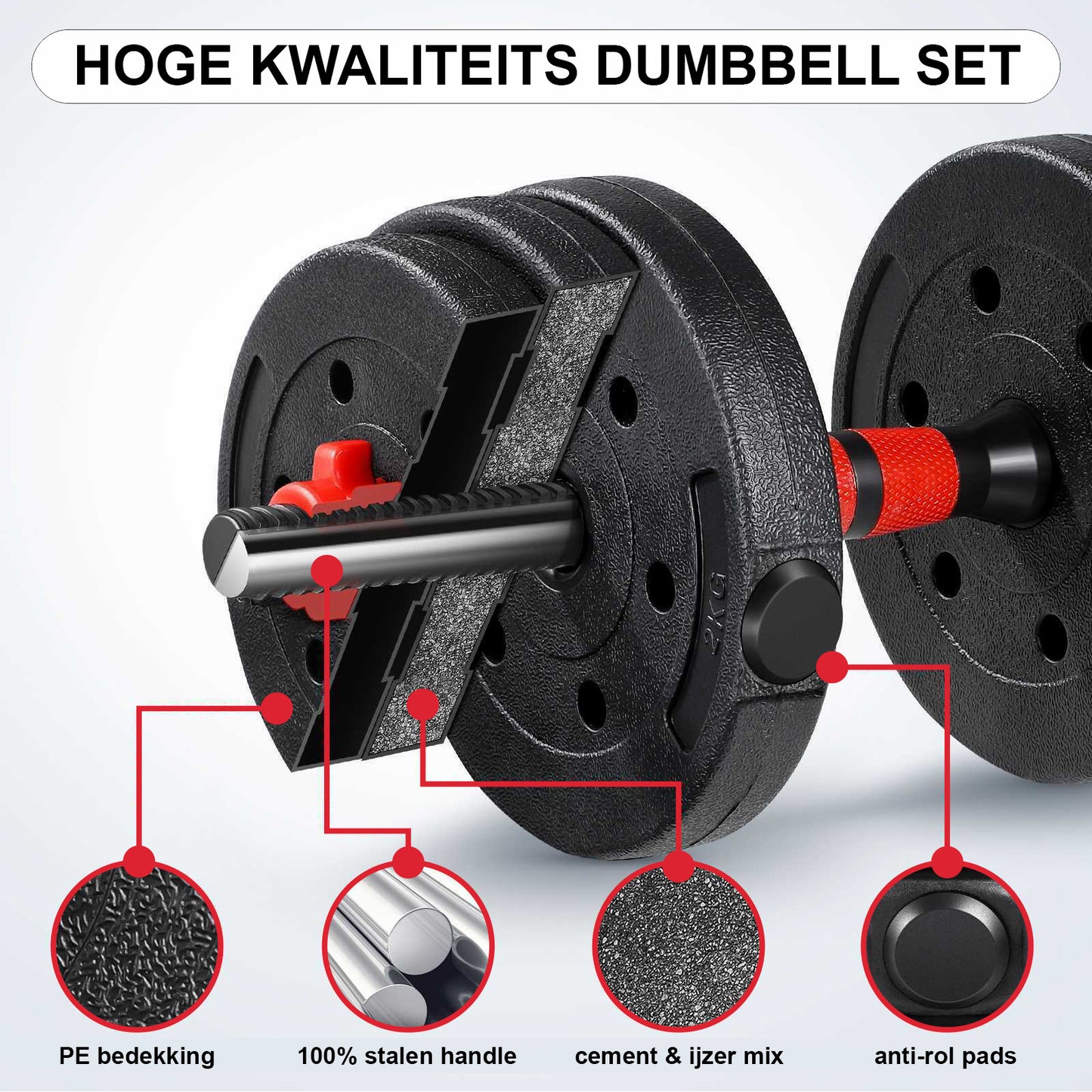 Halterset - Verstelbaar 30 kg - Zwart/Rood