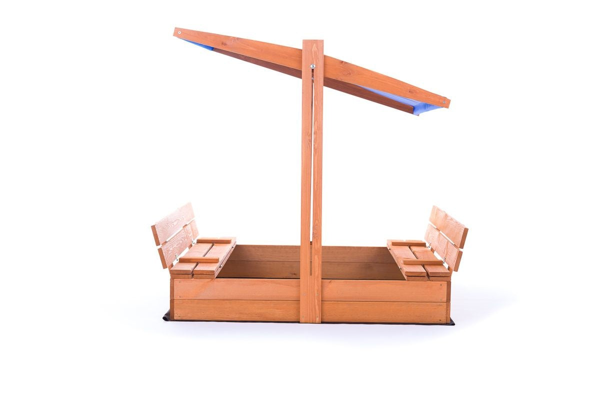 Zandbak - dennenhout met verstelbaar dak en bankjes - blauw 120x120 cm