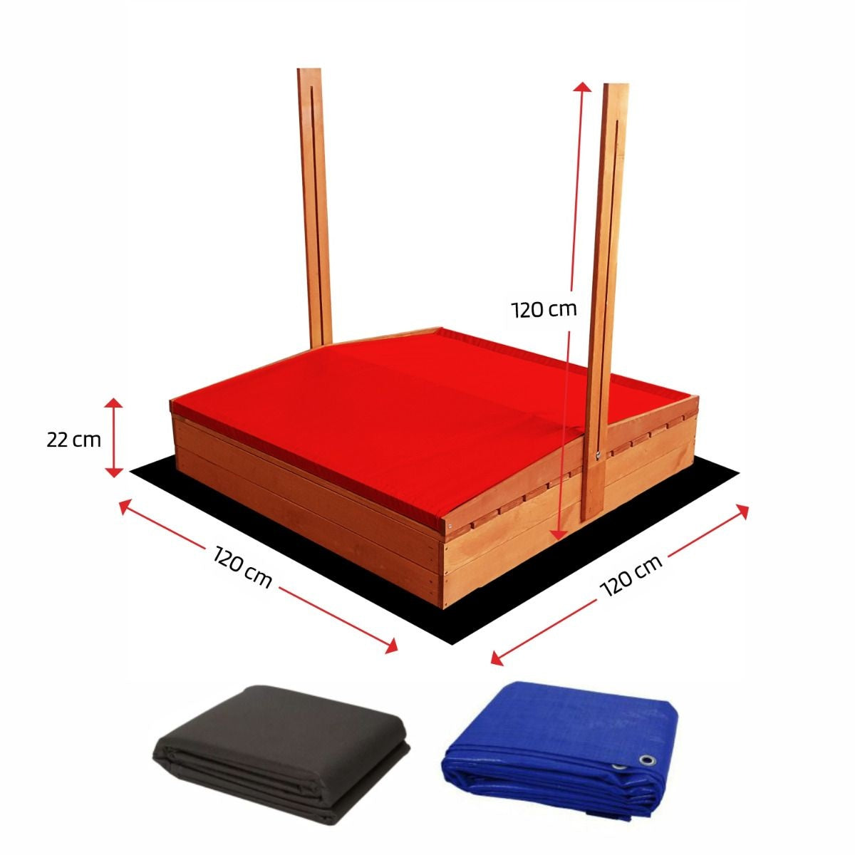 Zandbak - dennenhout met verstelbaar dak en bankjes - rood 120x120 cm