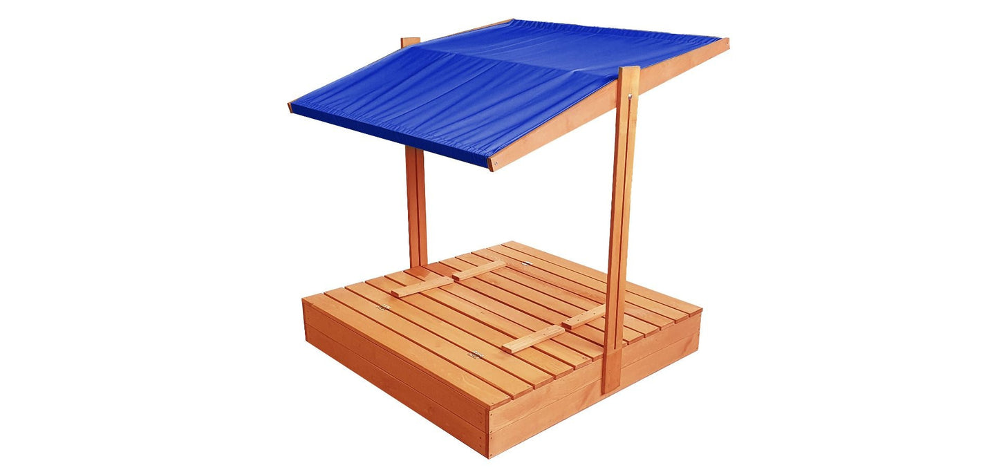 Zandbak - dennenhout met verstelbaar dak en bankjes - blauw 120x120 cm