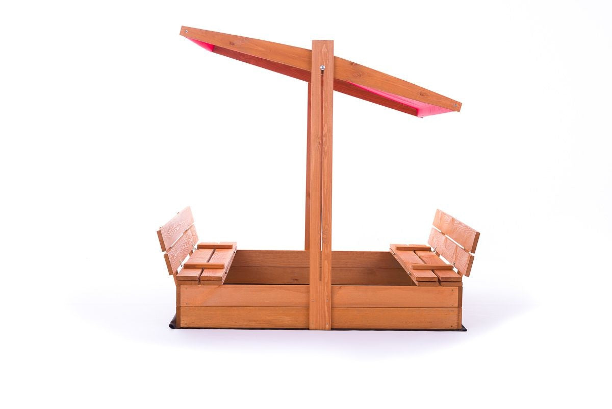 Zandbak - dennenhout met verstelbaar dak en bankjes - rood 120x120 cm