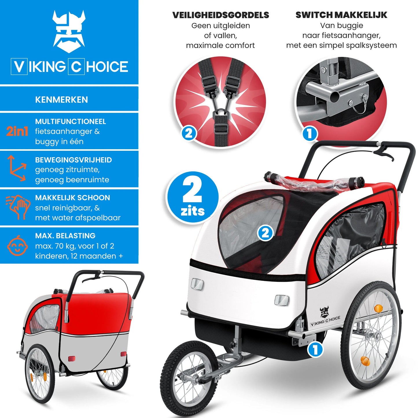 FIETSKAR - multifunctioneel met schokbreker en veiligheidsgordels - rood